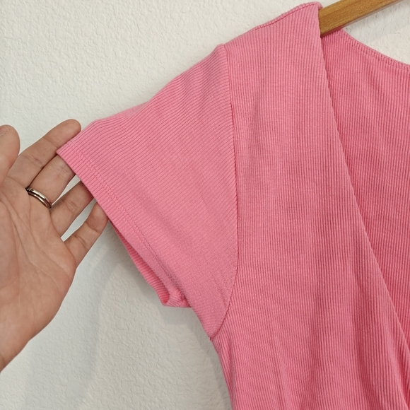 L*SPACE NWOT Lani Mini Ruched V-neck Ribbed Dress In Guava Pink Size Small - Picture 10 of 14